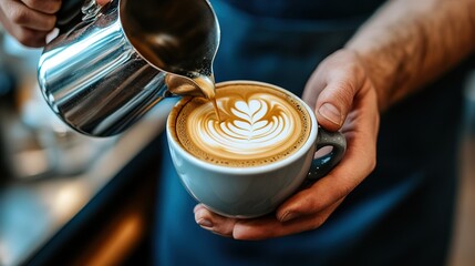 Barista crafting latte art with steamed milk at a cozy café during the early morning