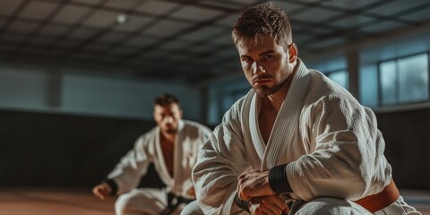 Two men in martial arts uniforms practicing techniques and sparring together.