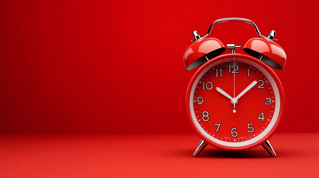 Alarm clock in vertical position on red background