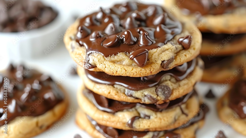 Poster a stack of four chocolate chip cookies with chocolate frosting, with two additional cookies in the b