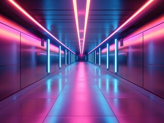 Fototapeta premium Abstract, futuristic corridor with neon lights in pink and blue shades.