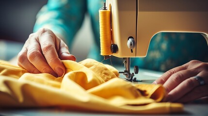 A person sewing a yellow fabric using a sewing machine on a sunny afternoon at home