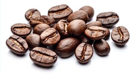 Naklejka premium Glossy roasted coffee beans, symbolizing bold flavor, with a dark, natural finish, isolated on transparent background