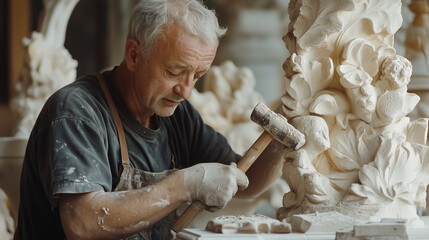Elderly artisan crafting a decorative stone sculpture with traditional tools in his workshop