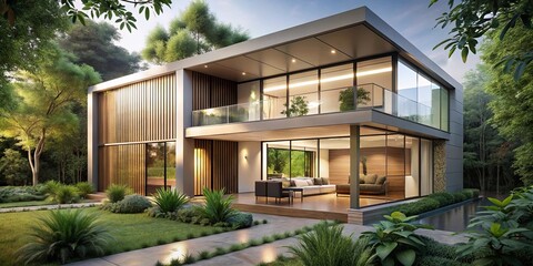 Fototapeta premium Modern Architecture Blending seamlessly with Lush Greenery, Featuring a Spacious Patio and a Tranquil Pool