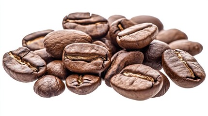 Fototapeta premium Glossy roasted coffee beans with detailed texture, capturing natural beauty, isolated on transparent background
