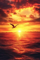 Fototapeta premium Bird Flying Over Ocean Sunset