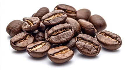 Obraz premium Group of roasted coffee beans with a dark, natural shine, creating a fresh coffee look, isolated on transparent background