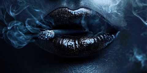 Obraz premium A woman is smoking a cigarette and the smoke is coming out of her mouth