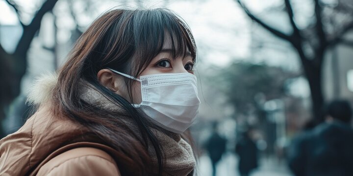 Woman wearing a face mask while walking in an urban environment, highlighting the importance of personal health precautions and the role of fashion accessories in daily life.