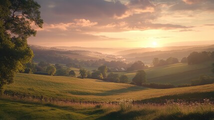 Fototapeta premium Golden sunset over rolling hills in a serene landscape, captured during late evening in a rural area
