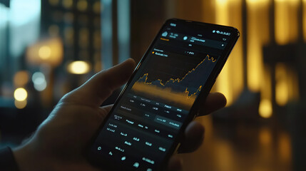 Close-Up of Smartphone with Financial Data and Graphs on Screen