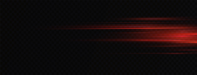 Speed ​​vector illustration, road. Red laser beams isolated on black background. Abstract light effect. Red lens flash. Horizontal rays glowing in the dark.