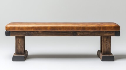 Rustic Leather Bench with Wooden Frame