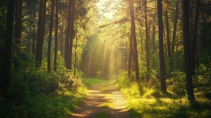 Obraz premium Sunlight filtering through dense trees along a serene path in a tranquil forest during the early morning hours
