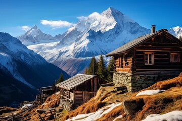 Scenic mountain view with rustic wooden cabins in a Swiss alpine landscape during daylight