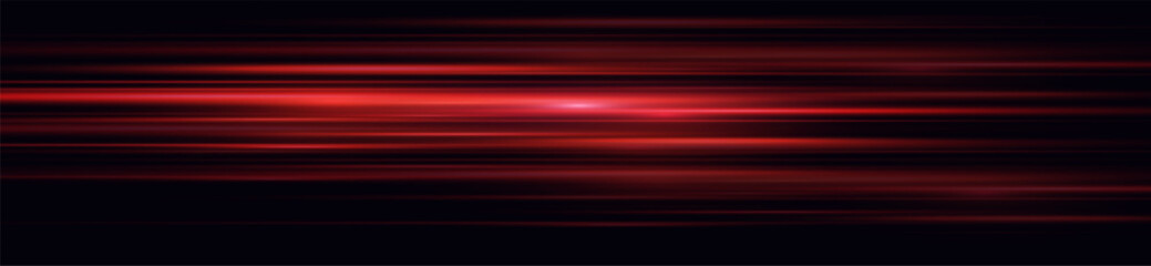 Speed ​​vector illustration, road. Red laser beams isolated on black background. Abstract light effect. Red lens flash. Horizontal rays glowing in the dark.