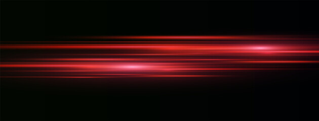 Speed ​​vector illustration, road. Red laser beams isolated on black background. Abstract light effect. Red lens flash. Horizontal rays glowing in the dark.