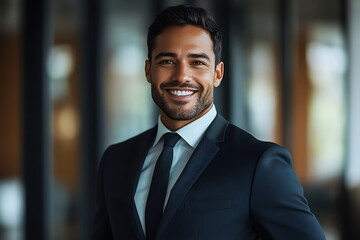 Successful Businessman with Tie, Confident Smile in Office Setting.