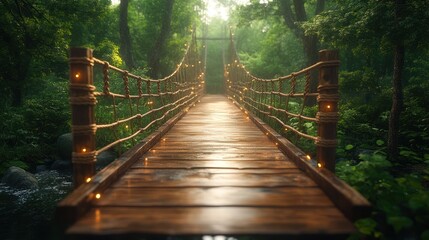 Fototapeta premium A wooden rope bridge with lights in a green lush forest.