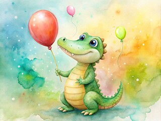 Fototapeta premium Playful Baby Crocodile with Balloon - Whimsical Watercolor Illustration for Children's Designs