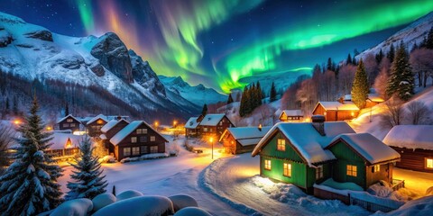 Picturesque Village in a Snowy Valley Under the Aurora Borealis &acirc;&euro;&ldquo; Beautiful Winter Landscape with Warm Lights, Scenic Nature, and Magical Night Sky Photography