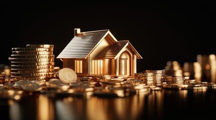 A house made of gold coins sits on top of a pile of gold coins. The house is surrounded by a large amount of gold coins, creating a sense of wealth and abundance. The image conveys a feeling of luxury