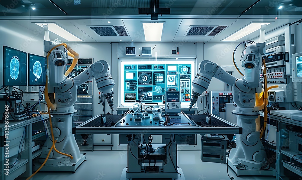 Leinwandbilder A futuristic lab showcasing robotic arms working on advanced technology amidst a high-tech environment.