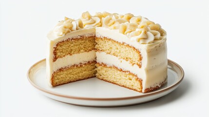 Delicious vanilla layer cake with creamy frosting and almond garnish on a plate