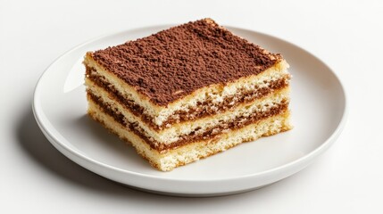 Delicious classic tiramisu slice on white plate with cocoa topping