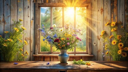 Sunbeams illuminate a rustic wooden room, a vibrant bouquet of wildflowers in a vase on a worn table, framed by a window overlooking a lush green meadow.