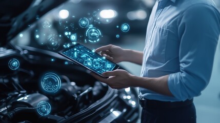 Diagnose car problems with a tablet. Futuristic car repair service center