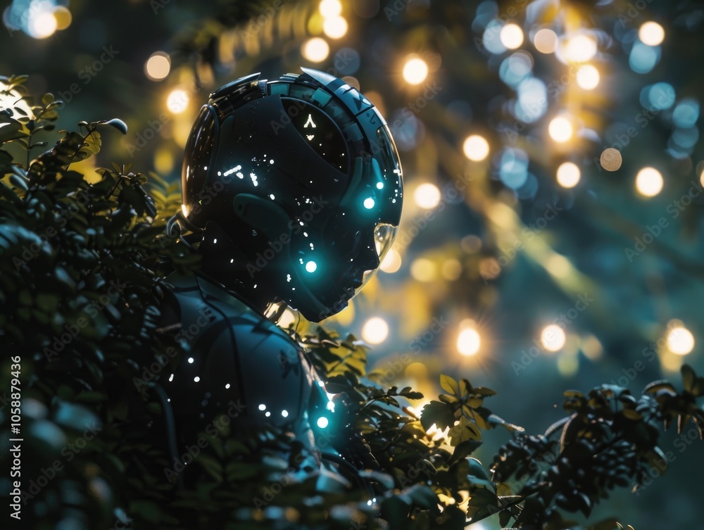 Poster advanced robot in a forest at night, illuminated by lights and surrounded by dense foliage.