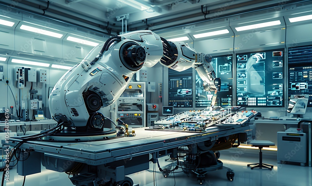 Fototapete A futuristic robotic arm operates in a high-tech laboratory with screens and advanced equipment, showcasing modern automation and technology innovation.