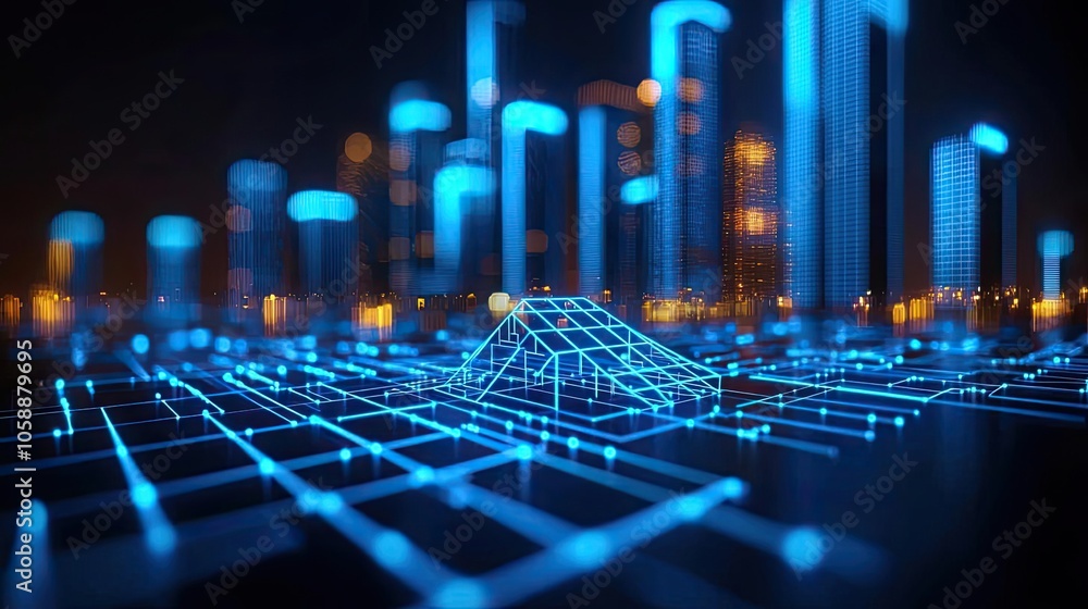 Poster Futuristic digital architecture design with glowing blue lines and data visualization.