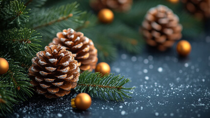 christmas background with pine cones offering a serene background with ample copy space.	