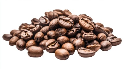 Naklejka premium Scattered coffee beans with a dark, textured finish, creating a cozy coffee look, isolated on transparent background