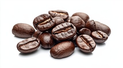 Fototapeta premium Scattered coffee beans with dark, rich tones and a glossy finish, symbolizing freshness, isolated on transparent background