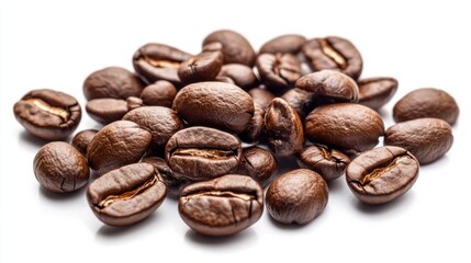 Scattered coffee beans with glossy surfaces and roasted texture, capturing rich aromas, isolated on transparent background