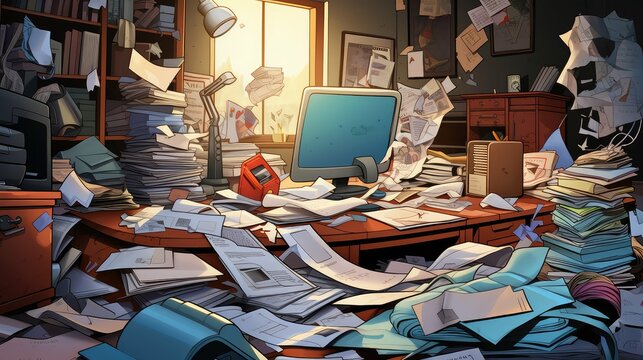 messy paper on the desk cartoon