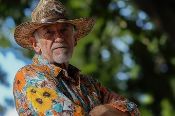 Fototapeta premium A retired country musician in a straw hat and floral shirt, reminiscing about his past performances.