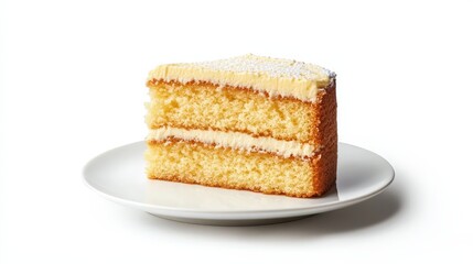 Delicious slice of classic sponge cake with cream frosting on white plate