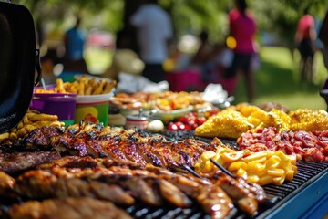Obraz premium A variety of delicious grilled foods displayed at an outdoor event.