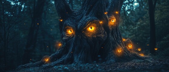 Obraz premium Mystical ancient tree with glowing eyes in a dense forest at twilight, creating an enchanted atmosphere of mystery and magic