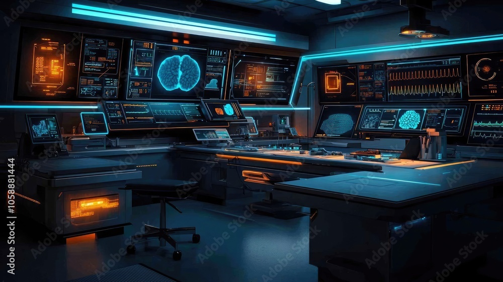 Poster futuristic control room with advanced technology and glowing screens.
