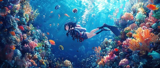 Fototapeta premium A young diver exploring a vibrant underwater coral reef teeming with colorful fish in sunlight-drenched waters