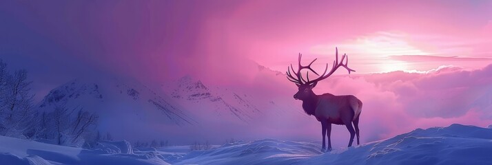 Majestic elk silhouette with grand antlers set against glowing snowy mountain December twilight background with empty space for text