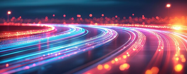 Colorful light trails on a dark background, dynamic and vibrant effect.
