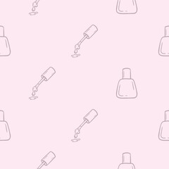 Simple pink monochrome seamless pattern with nail polish. Vector background for a beauty salon, advertising the services of a hairdresser, cosmetologist. Set of symbols and icons for sign design 
