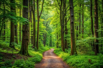 Fototapeta premium Trail winding through dense forest with tall trees and vibrant green foliage, serene, wildflowers, trails, peaceful